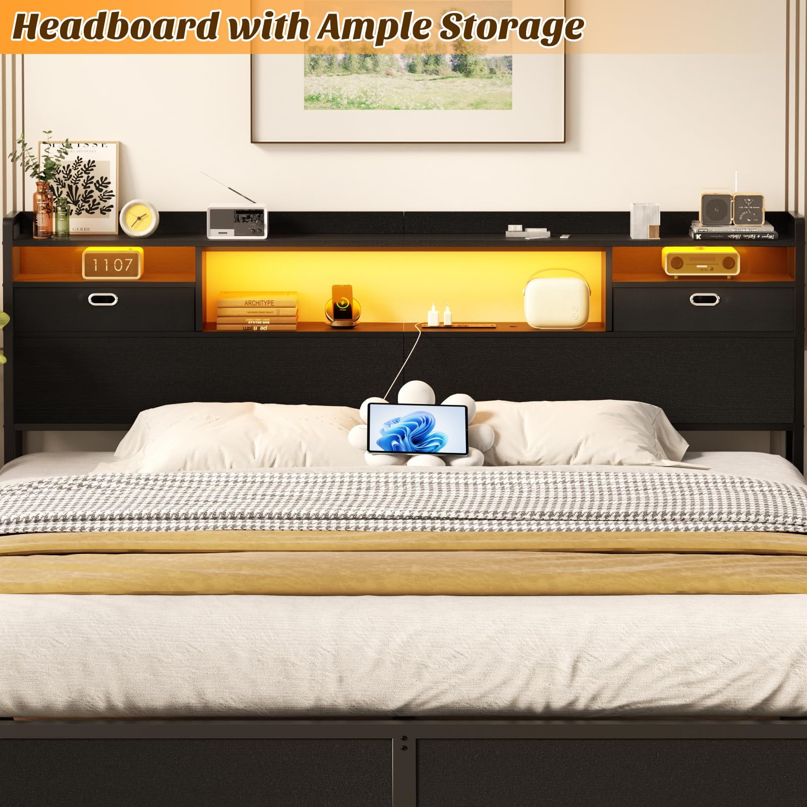 Aheaplus King Headboard with Drawer Storage and LED Light, Wood Headboard for King Size Bed with Power Outlet and Bookcase, Sturdy Head Board for Bedroom, Dorm Room, Guest Room, Black
