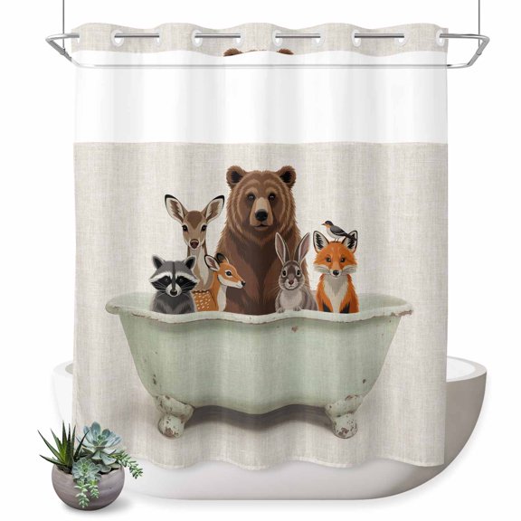 No Hook Shower Curtain, Funny Animals Shower Curtains for Bathroom with See Through Top Window, Woodland Bathtub Wildlife Watercolor Bear Waterproof & Washable Bath Curtain Long 72"x78"