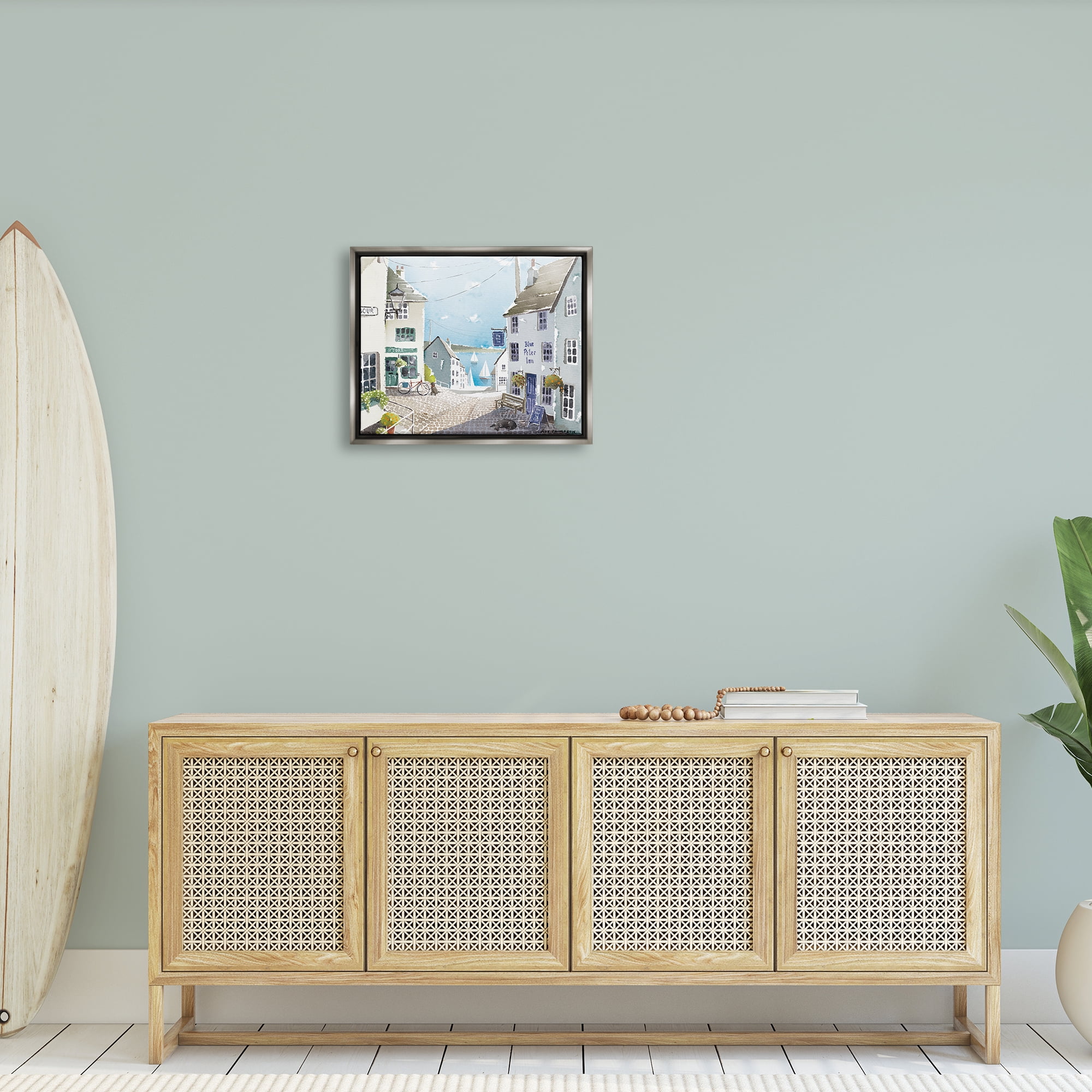Stupell Coastal Town Seaport Sailboats Landscape Painting Gray Floater Framed Art Print Wall Art