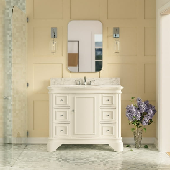 Katherine 42" Bathroom Vanity with White Cabinet and Carrara Marble Top