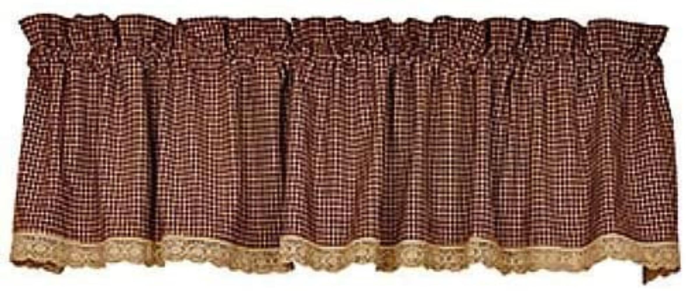 New Country Primitive Wine BURGUNDY & TAN CHECK LACE TRIM Fabric Shower Curtain 