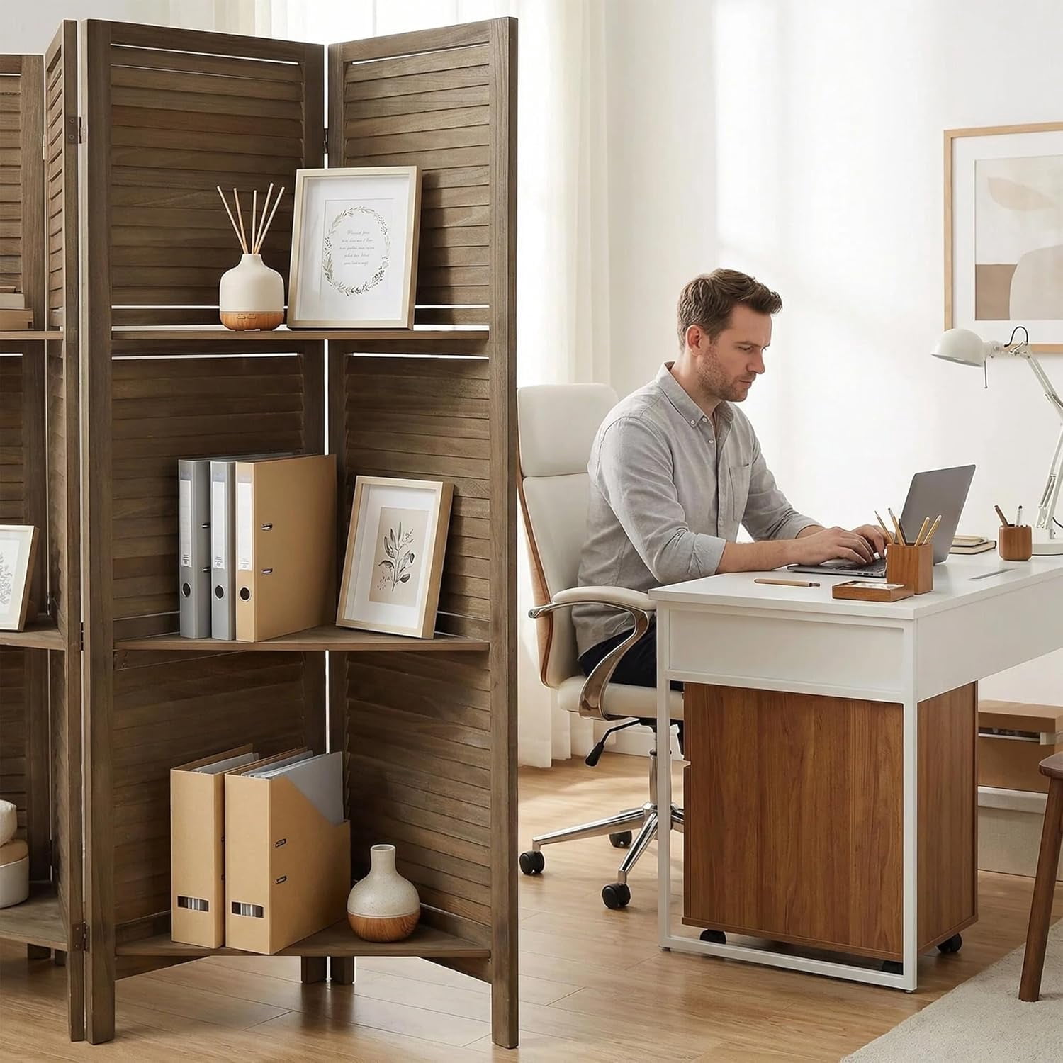 4 Panel Bamboo Room Divider with Shelves, Lightweight Privacy Screen for Bedroom Home Office, No Assembly Required