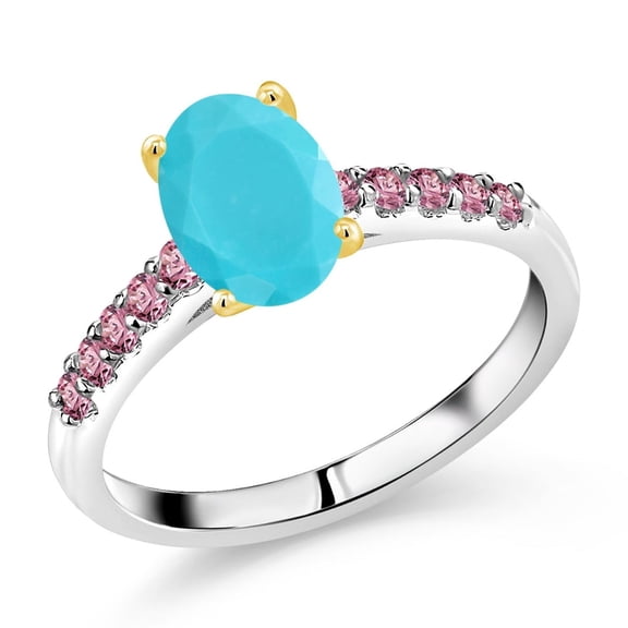 Gem Stone King 1.70 Ct Green Turquoise Pink Lab Grown Diamond 925 Silver and 10K Yellow Gold Ring (Size 5)