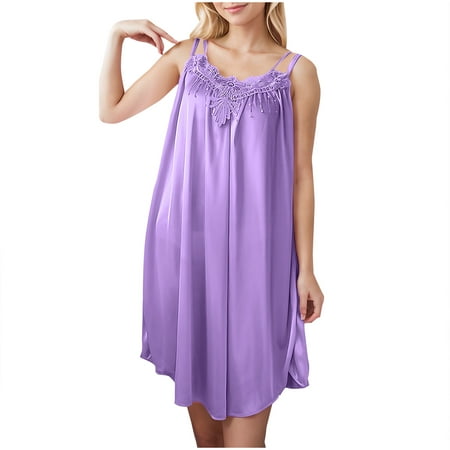 DxhmoneyHX Silky Nightgowns for Women Embroidery Lace Neckline Loose Spaghetti Straps Chemise Sleepwear Soft Lingerie Dress