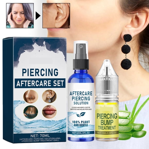2PC Piercing Aftercare Set – Saline Cleanser Spray Keloid Bump Removal – Wash Soothe Scar Moisturize Skin – Natural Recovery Solution(10ml、60ml)