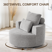 Fumahaus Upholstered Swivel Accent Chair, Oversized Comfy Round Sofa Chair with Two Pillows, Leisure Sofa Chair for Living Room Bedroom, Light Gray