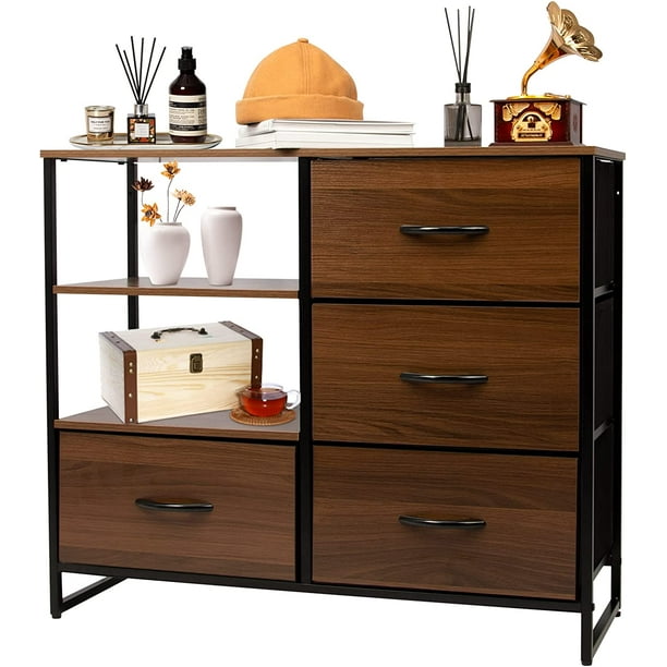 Fabric Dresser with 4 Drawers and 2 Side Shelf, Lightweight Industrial