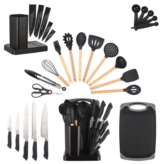 HEESEM 23 PCS Silicone Utensils Kitchenware Set with Removable Knife Cover, Forging Process Heat Resistant Tools-Black