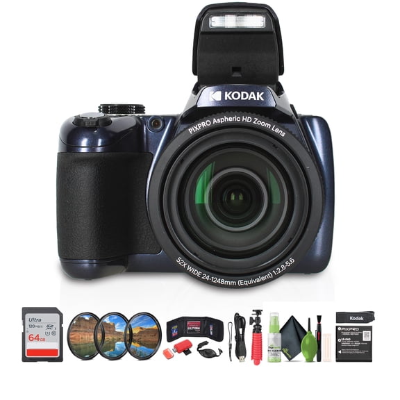 Kodak Pixpro AZ528 Digital Camera (Blue) Bundle Including: 32 GB Memory Card, Filter Kit, Card Reader, Hand Strap, Card Wallet, Hand Strap, Flexible Tripod