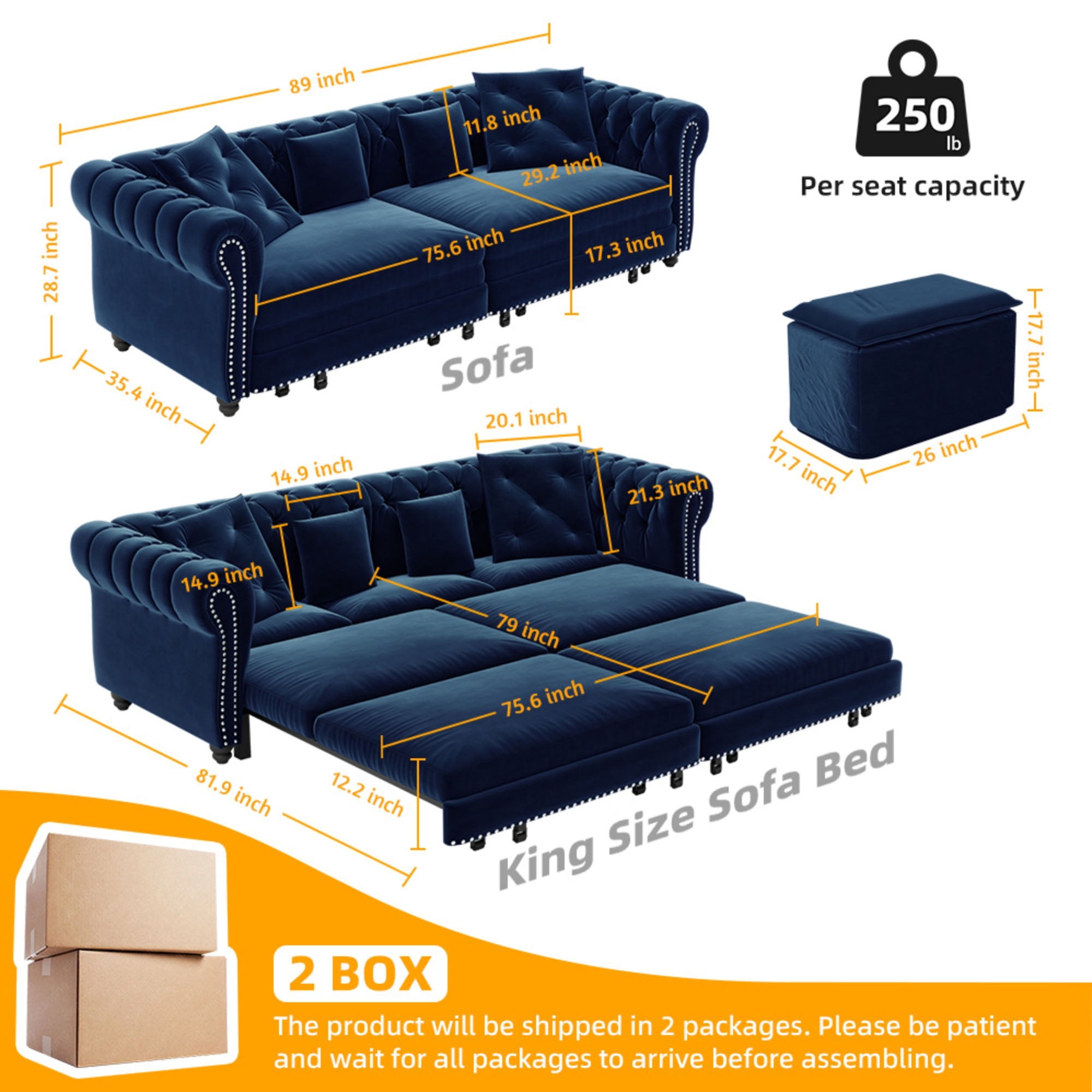 Firscook 89" Chesterfield King Size Pull Out Sofa Bed with Ottoman, Velvet Sleeper for Small Apartment, Blue