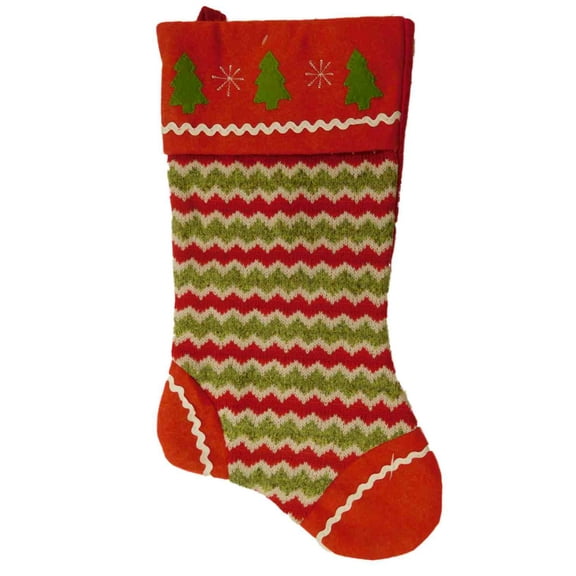 Embellished Red & Green Chevron Stripes Felt Christmas Tree Holiday Stocking