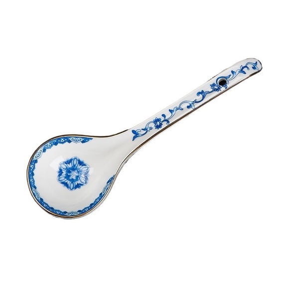 1 Piece Chinese Ceramic Long Handle Soup Spoon Enameled Porcelain Tablespoon Ladle Small Soup Spoon for Soup Rice Ramen Cereal