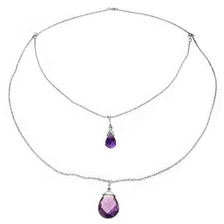 Briolette Drop Necklace (ALARRI 14K Solid White Gold Front And Back Drop Necklace w/ Briolette Amethysts with 24 Inch Chain)
