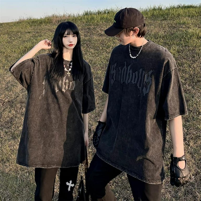 CoCopeaunt Men Women Y2K Vintage T-Shirt Mineral Wash Streetwear Gothic  Retro Cross Grunge Short Sleeve Shirt Dark Academia Emo Tops 