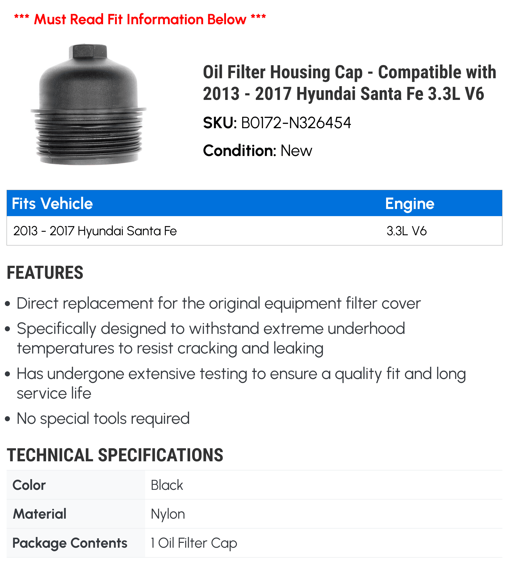 Oil Filter Housing Cap - Compatible with 2013 - 2017 Hyundai Santa Fe 3.3L V6 - Dorman