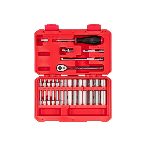 TEKTON 1/4 Inch Drive 6-Point Socket and Ratchet Set, 34-Piece (4-15 mm) | SKT05202