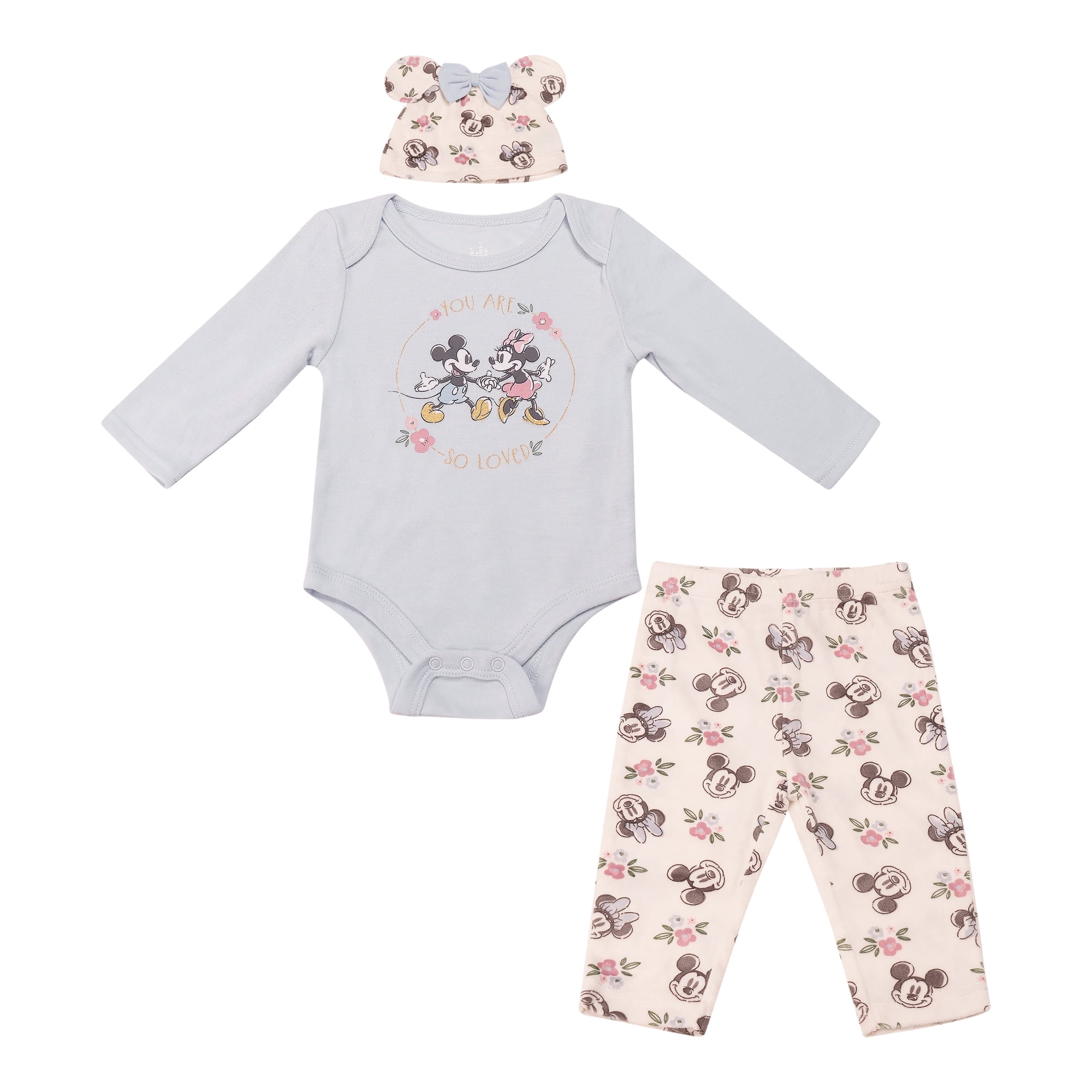 Disney Clothes Baby Girls Bodysuit, Pants & Headband 3-Piece Outfit Set – Minnie Mouse, Bambi, Marie & Tinkerbell (0/3M–6/9M)