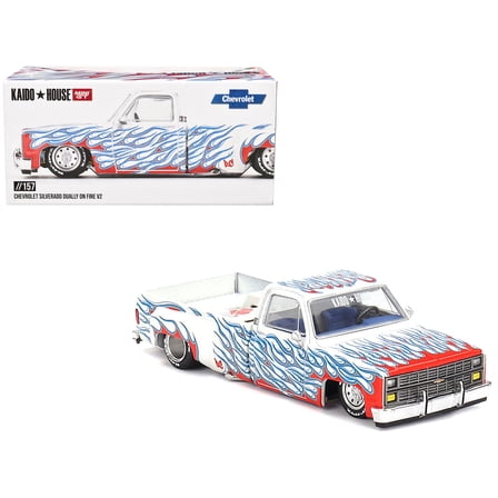 Chevrolet Silverado Dually Pickup Truck "On Fire V2" White Metallic with Blue Flames and Blue Interior (Designed by Jun Imai) "Kaido House" Special 1/64 Diecast Model Car by Mini GT
