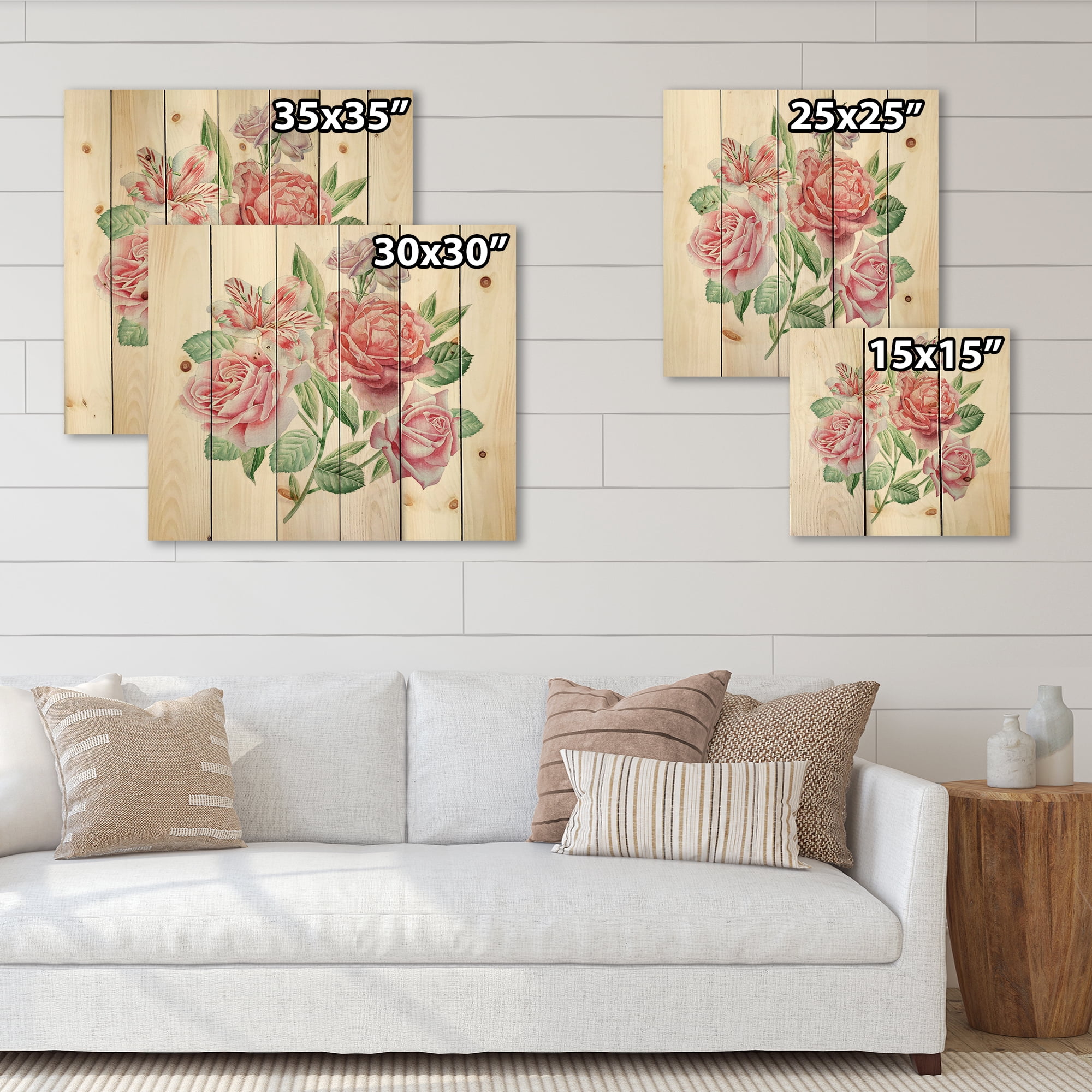 Designart 'Spring Flowers Alstroemeria Pink Roses' Traditional Print on Natural Pine Wood