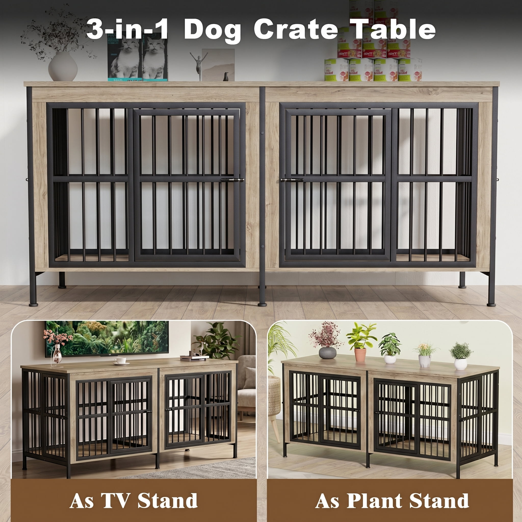 YOKWOK 78 Inch Dog Crate Furniture for Large Dogs with Removable Divider, Double-Doors Dog Kennel Furniture, Thick Wooden Dog Cage Furniture, Ivory