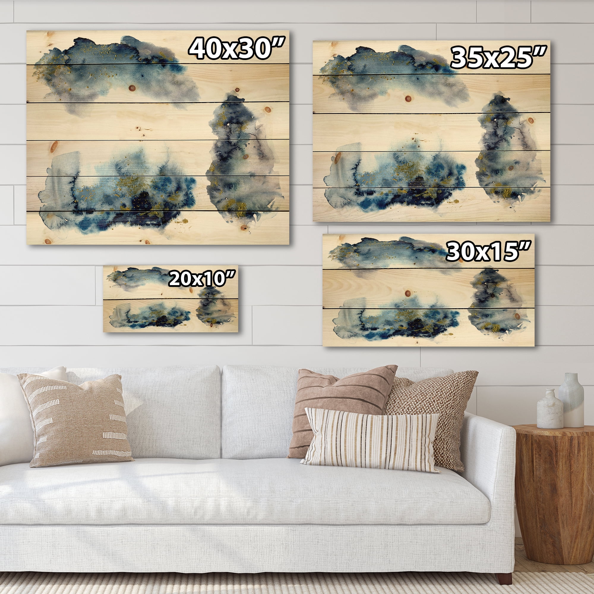 Designart 'Gray and Blue Clouds With Golden Glitter' Modern Print on Natural Pine Wood