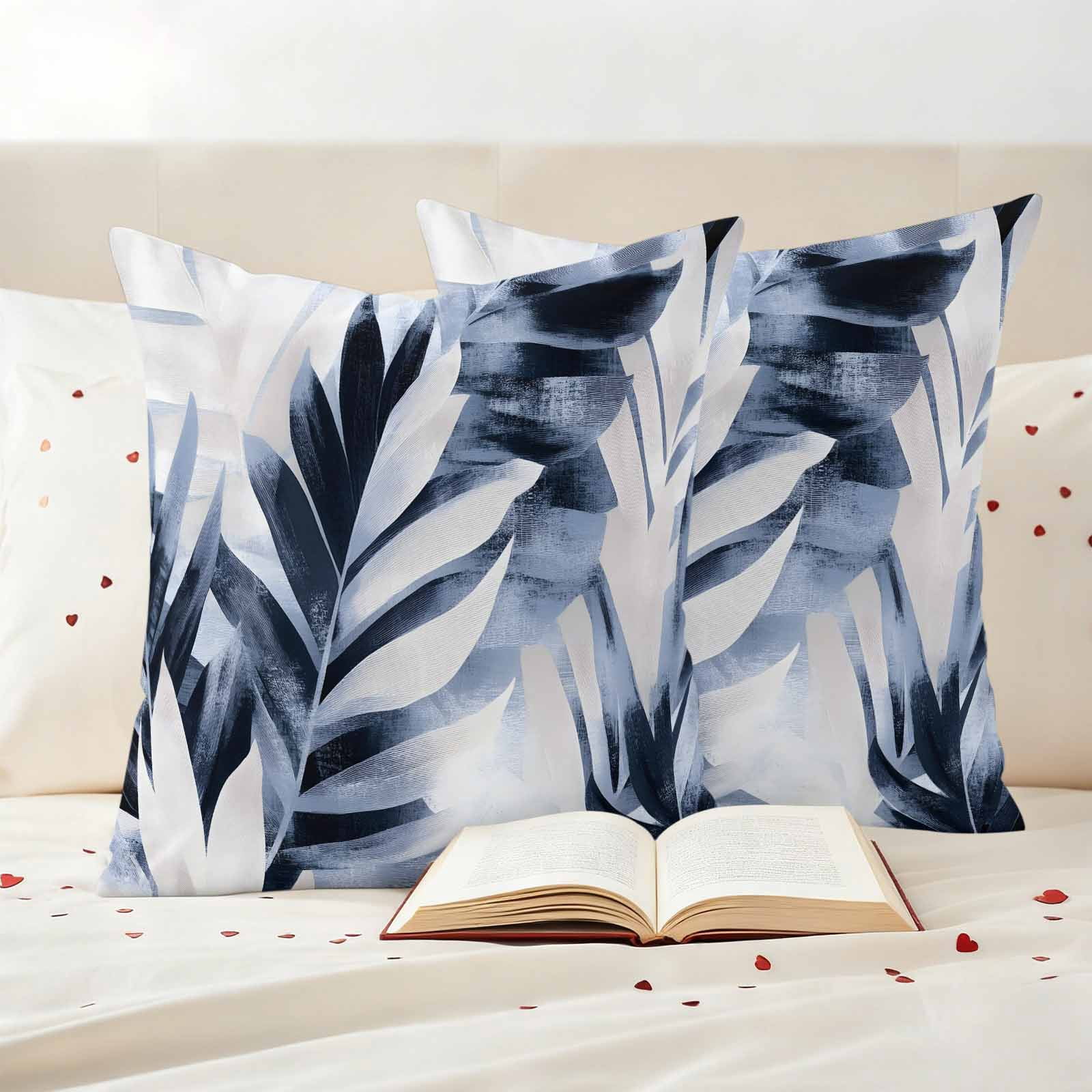 Navy Blue Palm Leaf Outdoor Waterproof Pillow Covers, Botanical Vintage Tropical Leaves Decorative Square Throw Pillowcase Sofa Cushion Sham for Patio/Couch/Chair, 20"x20" 2 Pack