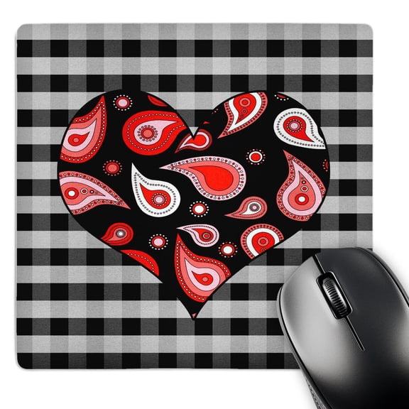 3dRose, Red Paisley Heart on Black and White Check, MousePad