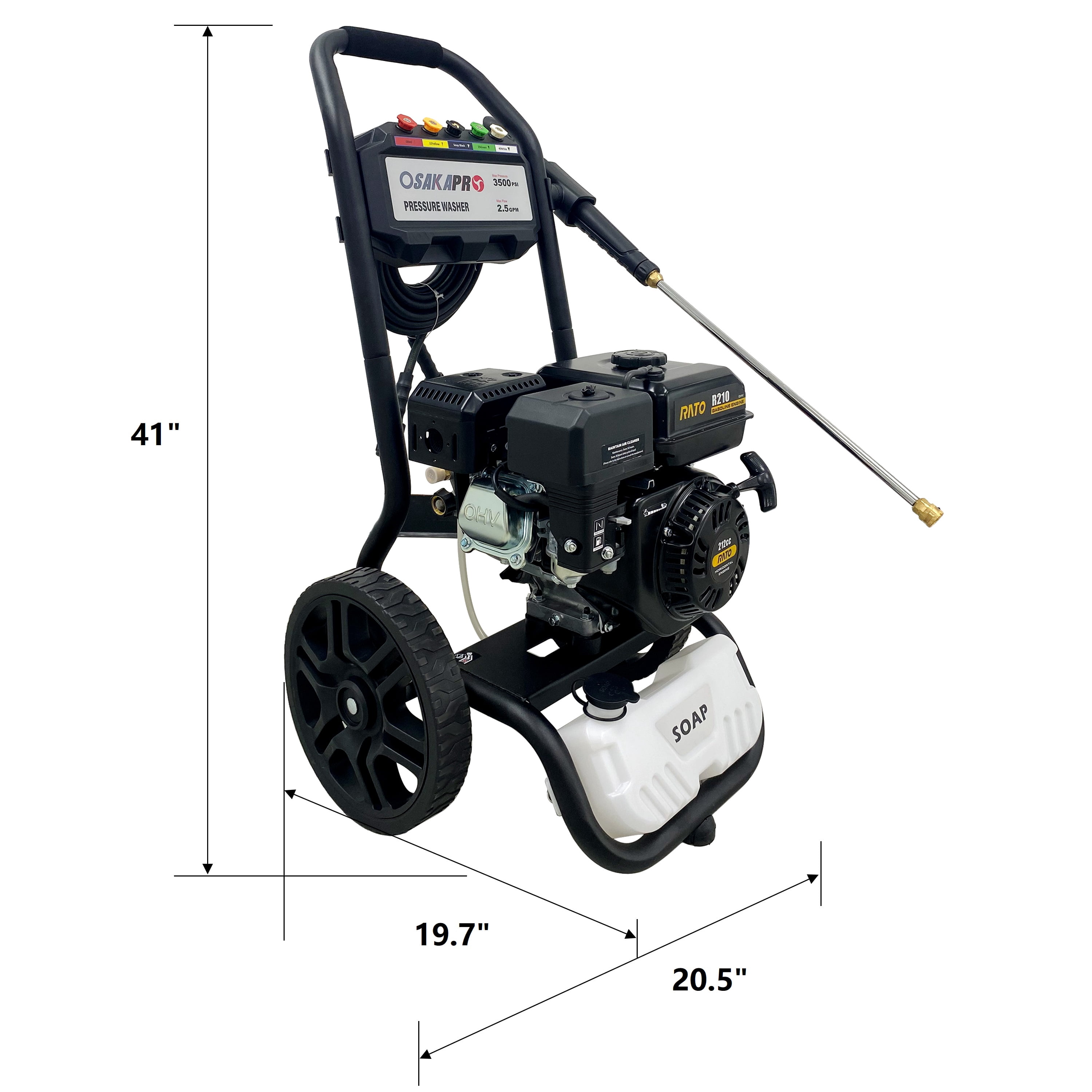 3500PSI Gas Pressure Washer, 2.5GPM Gas Powered High Pressure Washer with 212CC RATO Engine, 5PCS Adjustable Nozzles, Onboard Soap Tank, Spray Gun and Wand, Black