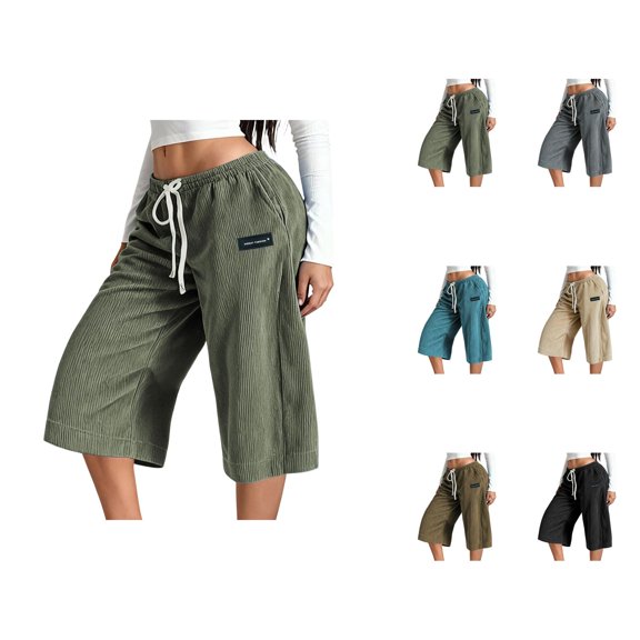 Corduroy Capri Pants for Women Summer Elastic Waist Drawstring Wide Straight Leg Casual Cropped Pants with Pockets