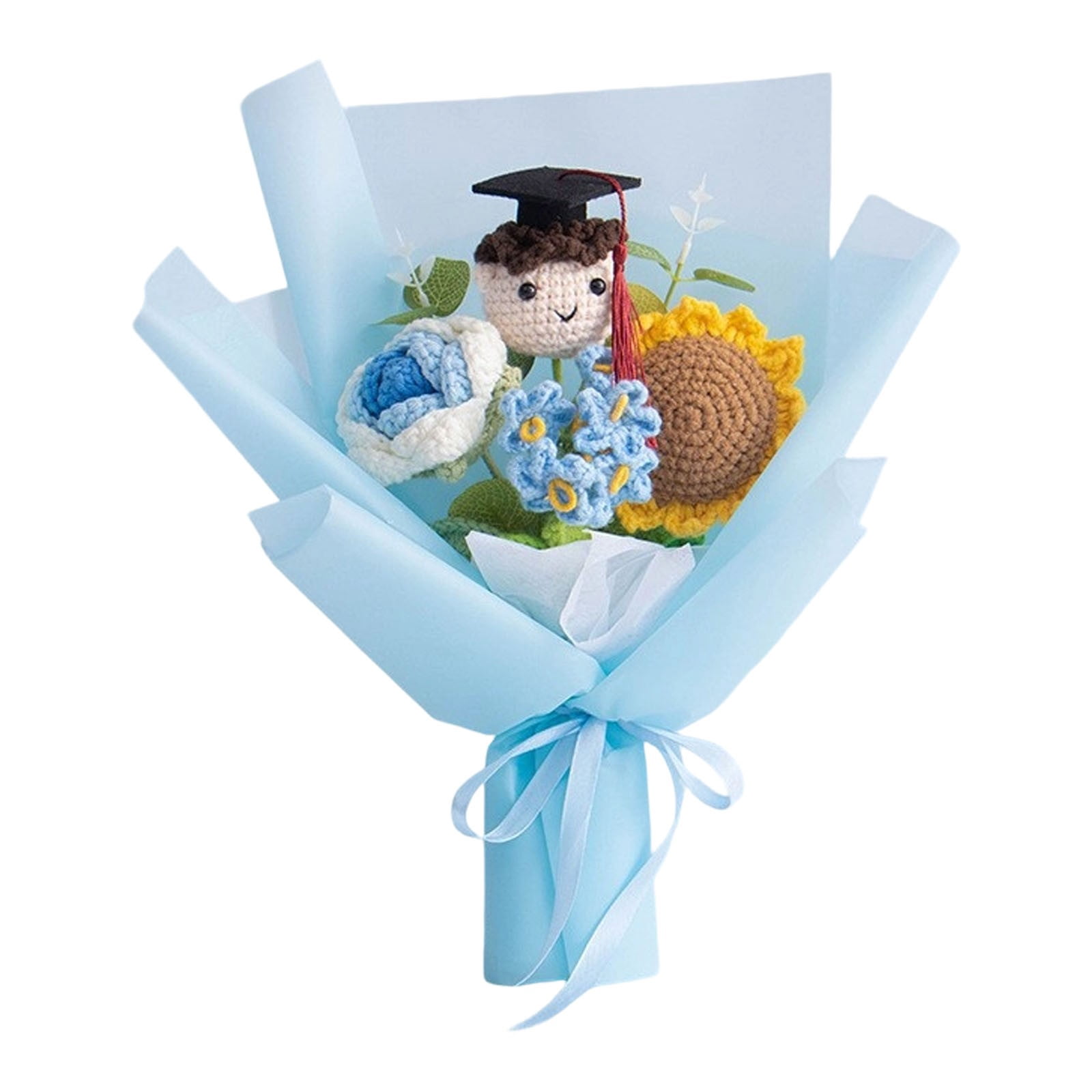 Graduation Crochet Flowers Bouquet, Handmade Knitted Grad Gift, Artificial Preserved Flowers, Teacher Appreciation Home Decor, Sunflower Rose Bouquet, Birthday Anniversary Gift