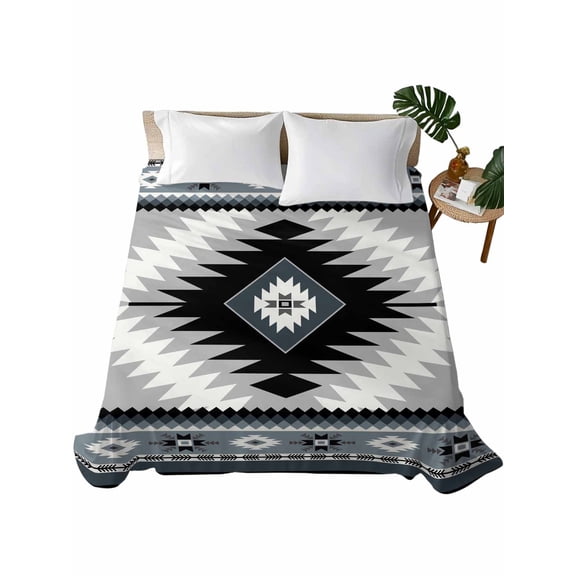 Queen Flat Sheet Haze Blue Bohemian Flat Sheets Only Soft Breathable Microfiber Bedding Top Sheets Luxury Hotel Quality Aztec Boho Southwest Tribal Queen Bed Sheet for All Season Bedroom Dorm