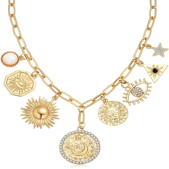 DESIGNICE Charm Necklace for Women Gold Evil Eye Sun Moon Flower Coin Pendant Necklace Dainty Paperclip Chain Vintage Luck Amulet Choker Necklaces Celestial Jewelry Gift