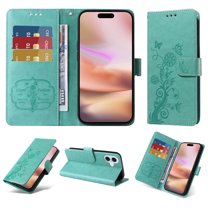 Compatible with iPhone 16 Plus Wallet Case with Card Holder & Cash Slot [RFID Blocking],Wallet Wristlet Pressed Butterfly Flower PU Leather Magnetic Flip Folio Cover for Women Men,Green