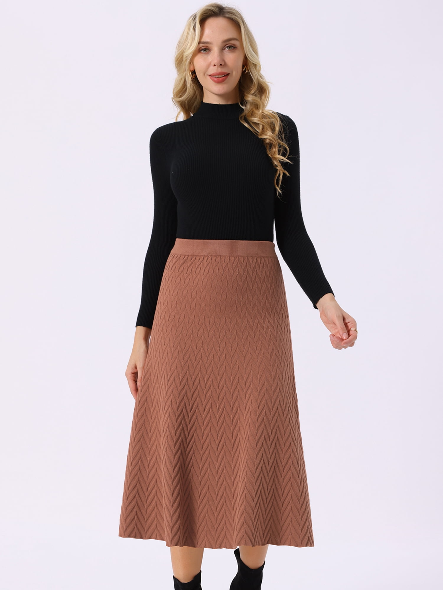 DARING DIVA Women's A-Line Skirts Stretchy Sweater Midi Skirt XL Caramel