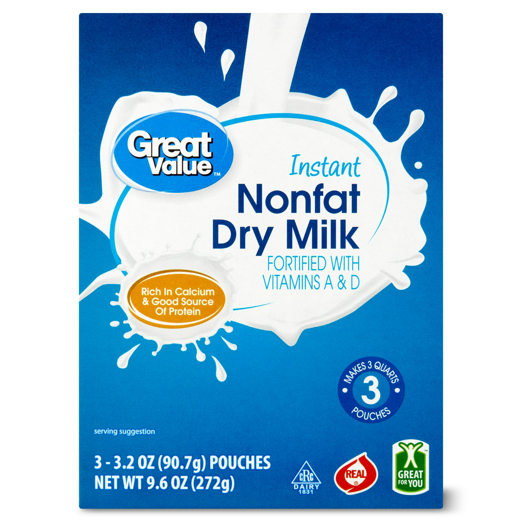 Great Value Instant Nonfat Dry Milk, 3.2 oz Pouches (3 Count), Makes 3 Quarts