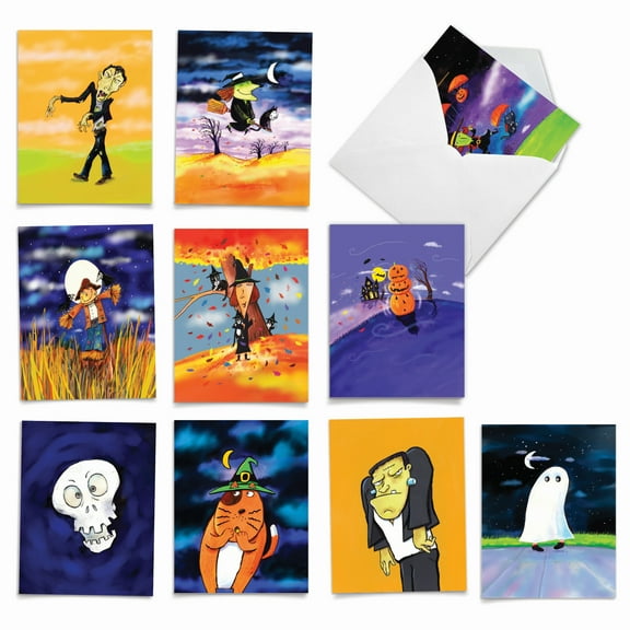 10 Happy Halloween Note Cards Assorted (4 x 5.12 Inch) - Halloween Whimsy