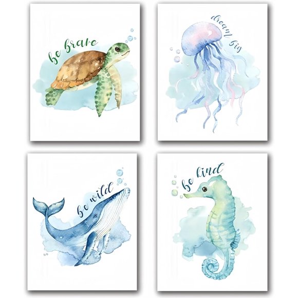 shiyou-Funny Watercolor Ocean Life Quotes Posters Wall Art Prints Set of 4, Watercolor Ocean Animal Poster Canvas Painting, Sea Turtle Sea horse jellyfish Whale Picture, for Kids Nursery Boys Girls B