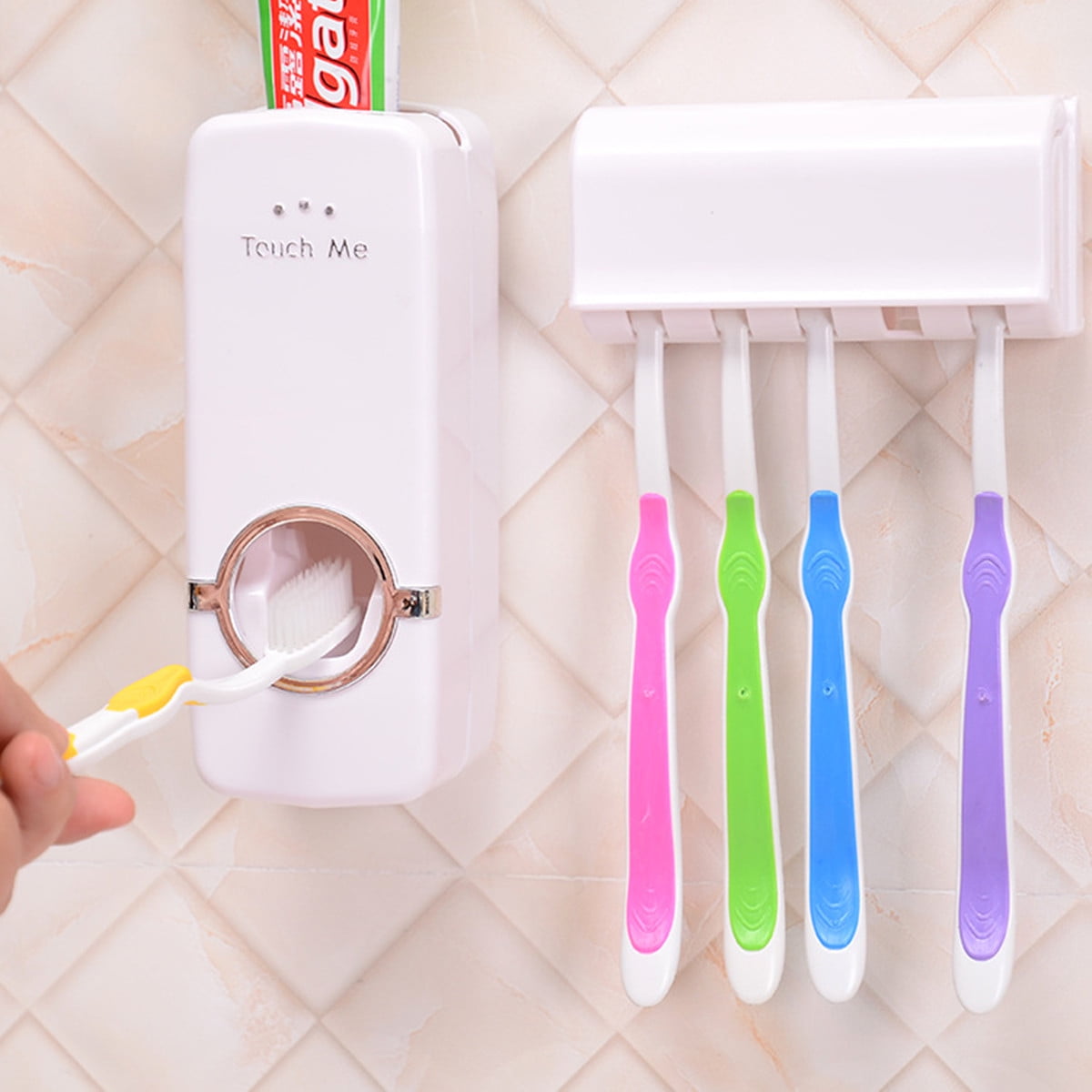 Auto Squeezing Toothpaste Dispenser Toothbrush Holder Set Home Wall Mount Stand 