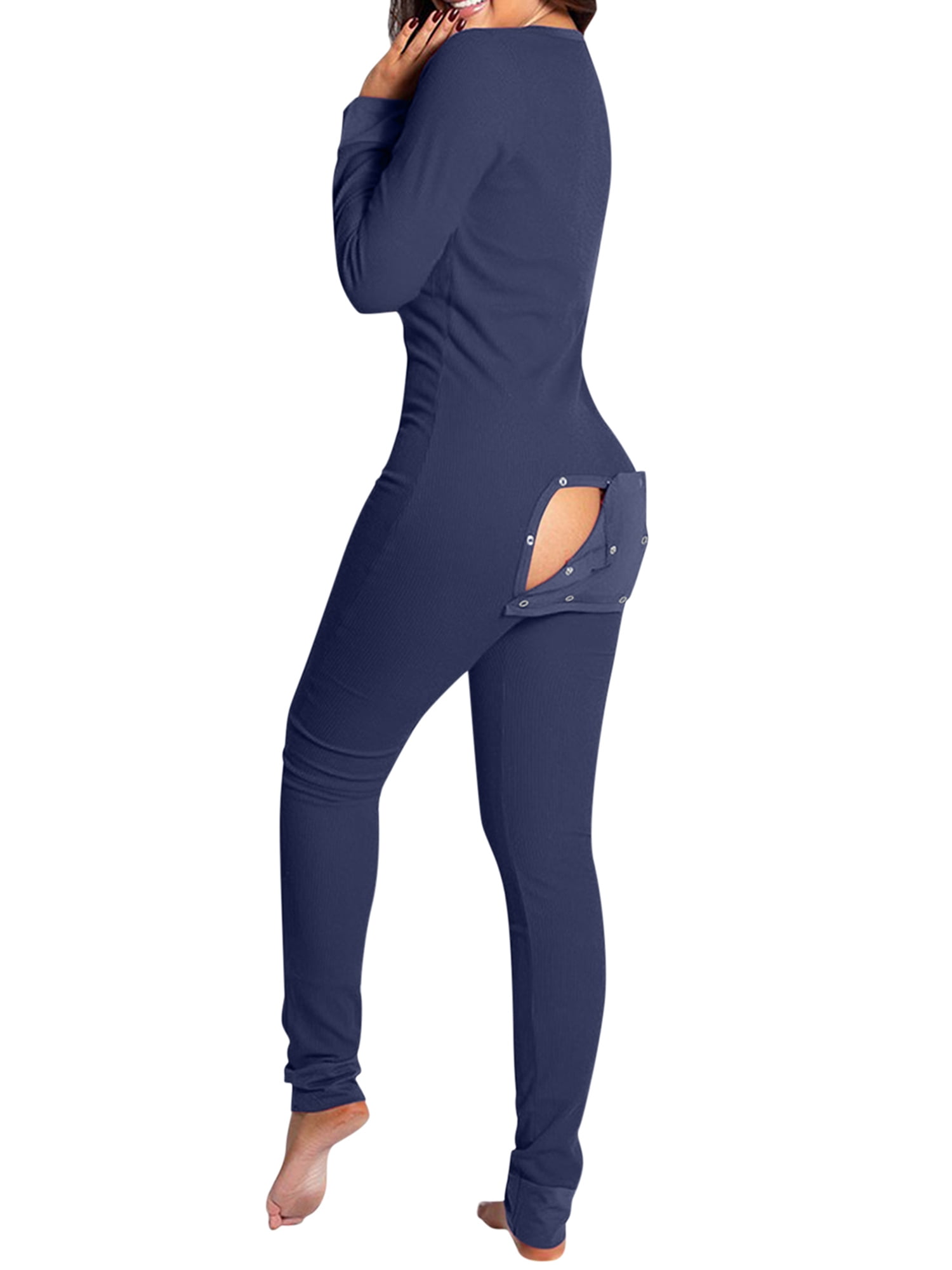 Women s Sexy Butt Button Back Flap Onesies Christmas Pajamas V Neck Long Sleeve Romper Bodycon Jumpsuit Walmart