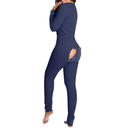 

Women Butt Flap Pajamas Button-Down Front Buttoned Flap Adults Jumpsuit One Piece Sleepwear