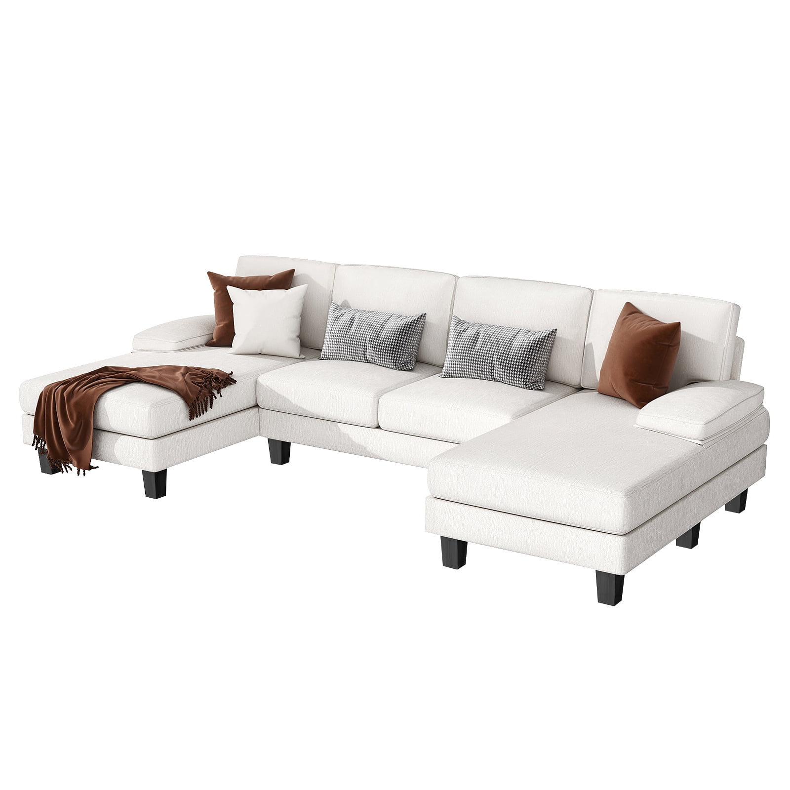 Furmax U-Shaped Sectional Sofa with Chaise, 4 Seats Chenille Fabric Sofa for Living room, White