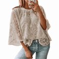 thumbnail image 2 of Women Lace Embroidered Blouse Batwing Short Sleeve Peplum Loose Casual Top Khaki XL, 2 of 7