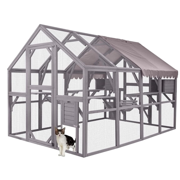 Aivituvin 110'' Extra Large Catio Outdoor Cat Enclosure, Walk-in Wooden Cat Cage with Bridges, Platforms, Rest Rooms, Roof Cover