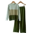 thumbnail image 3 of Knitted Sets for Women 2 Piece Long Sleeve Crewnceck Pleated Top Elastic Waist Wide Leg Pants Casual Loose Color Block Suit Fashion Fall Winter Cozy Warm Outfits, 3 of 4