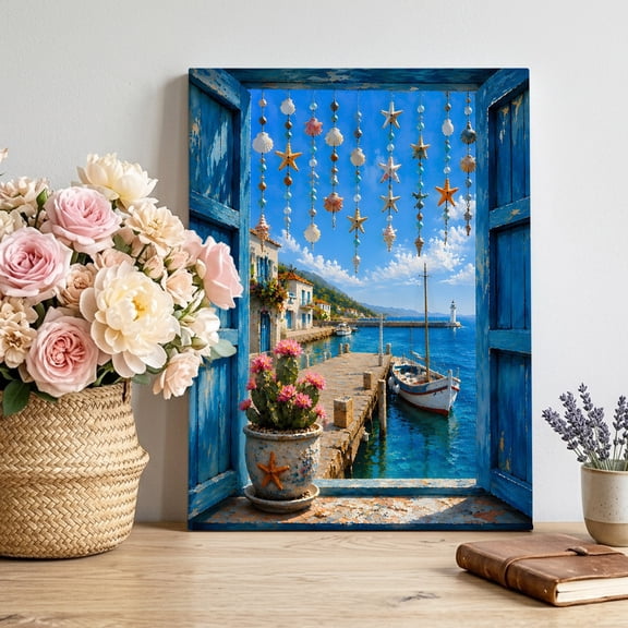 Canvas Wall Art Coastal Sailboat Canvas Art Print Open Window Summer Marine Seashell Garland Ocean Pictures Wall Decor for Living Room Artwork Decorations Stretched Framed Ready to Hang 11"x14"