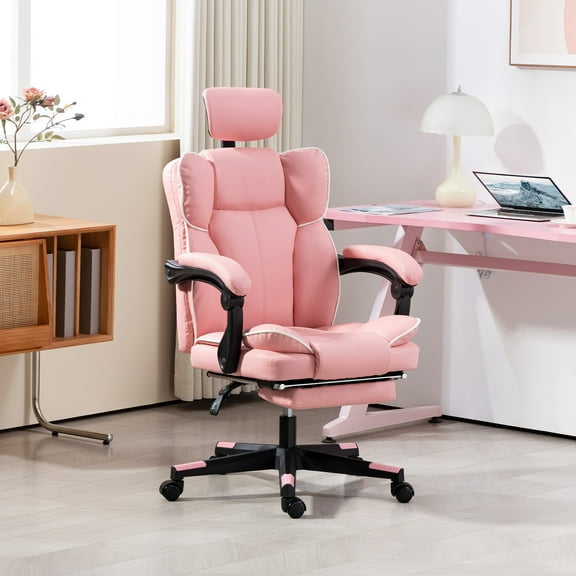HOMCOM Executive Office Chair with Headrest, Foot Rest, High Back Desk Chair, Overstuffed Reclining PU Leather Computer Chair, Pink