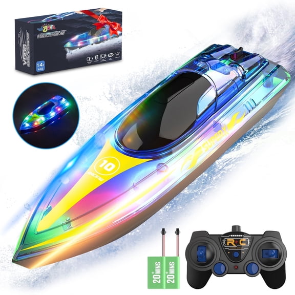 Wisairt 15Km/h Remote Control Boat with LED Lights for Pools/Lakes, 2.4GHz High Speed RC Boat with 2 Rechargeable Batteries, Perfect Summer Water Toys for Ages 10 (Blue)