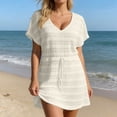 thumbnail image 3 of Swimsuit Coverup for Women Short Sleeve V Neck Lace Eyelet A Line Mini Dress Beach Cover Up Bathing Suit Dress, 3 of 5