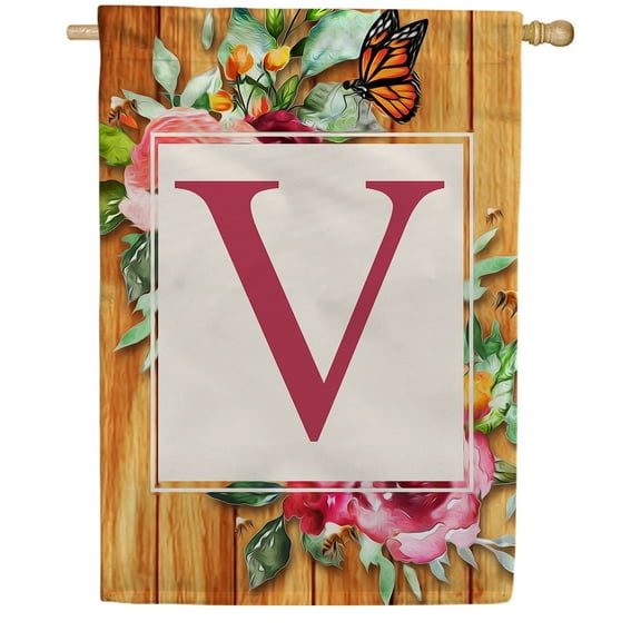 America Forever Spring Monogram House Flag Letter V 28 x 40 inches Double Sided Vertical Outdoor, Yard, Lawn, Seasonal Decorative Flowers Bees and Butterflies Summer House Flag
