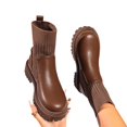 thumbnail image 3 of QWKLEAJ Women’s Fall Winter Platform Sock Chelsea Boots, PU Leather & Stretch Knit Slip‑On Booties, Round Toe Chunky Lug Sole for Daily Walking & Office Wear Brown 6.5, 3 of 6
